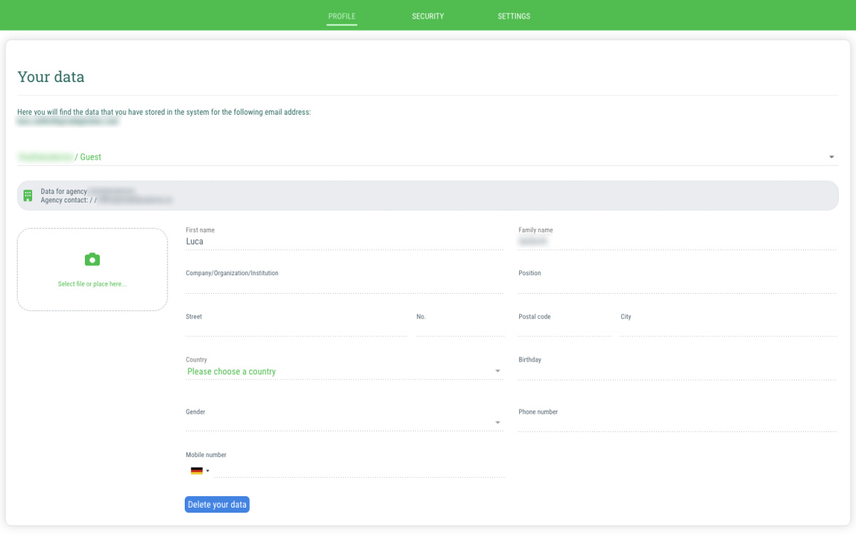 Your data - View or delete your guest data for an agency