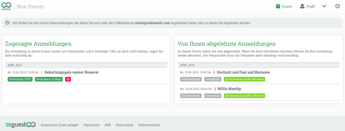 Manage your events - View open registrations, cancel, have tickets resent or change your registration details