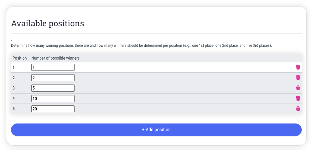 Any number of placements and winners • Don't make just one participant happy
