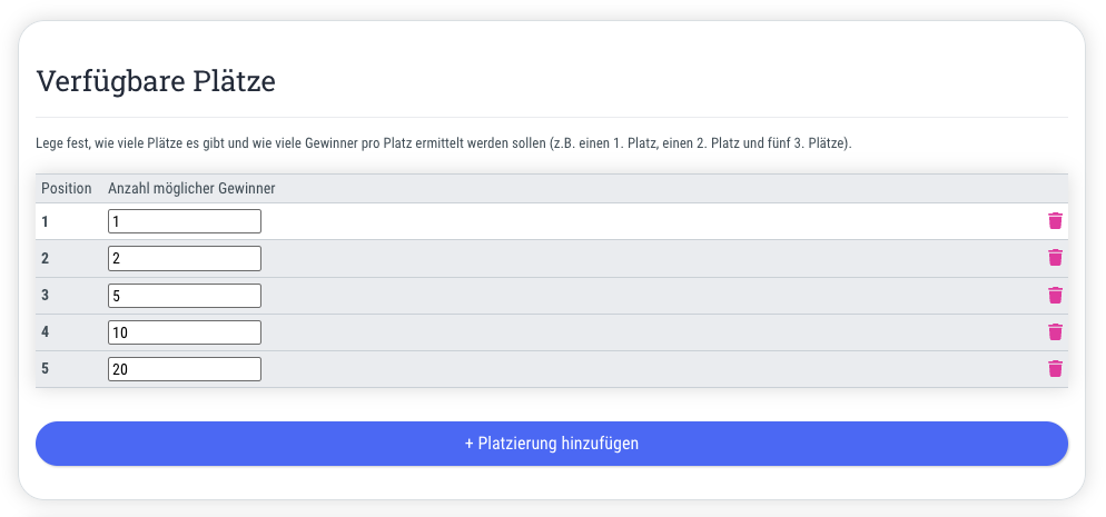 Any number of placements and winners • Don't make just one participant happy