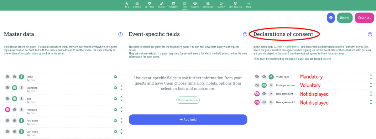 Obtain a declaration of consent when registering for the event - 