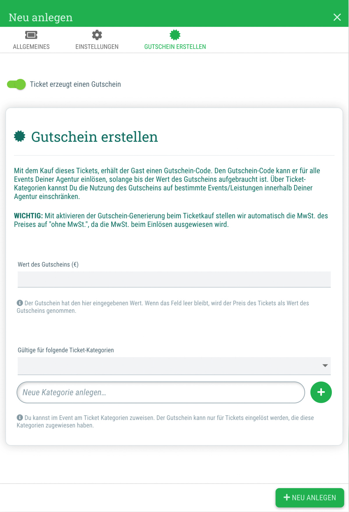 Wertgutscheine zum Kauf anbieten - Mit guestoo kannst Du Deinen Gästen anbieten, Wertgutscheine zu kaufen und für bestimmte Tickets zu nutzen (z. B. als Geschenk)