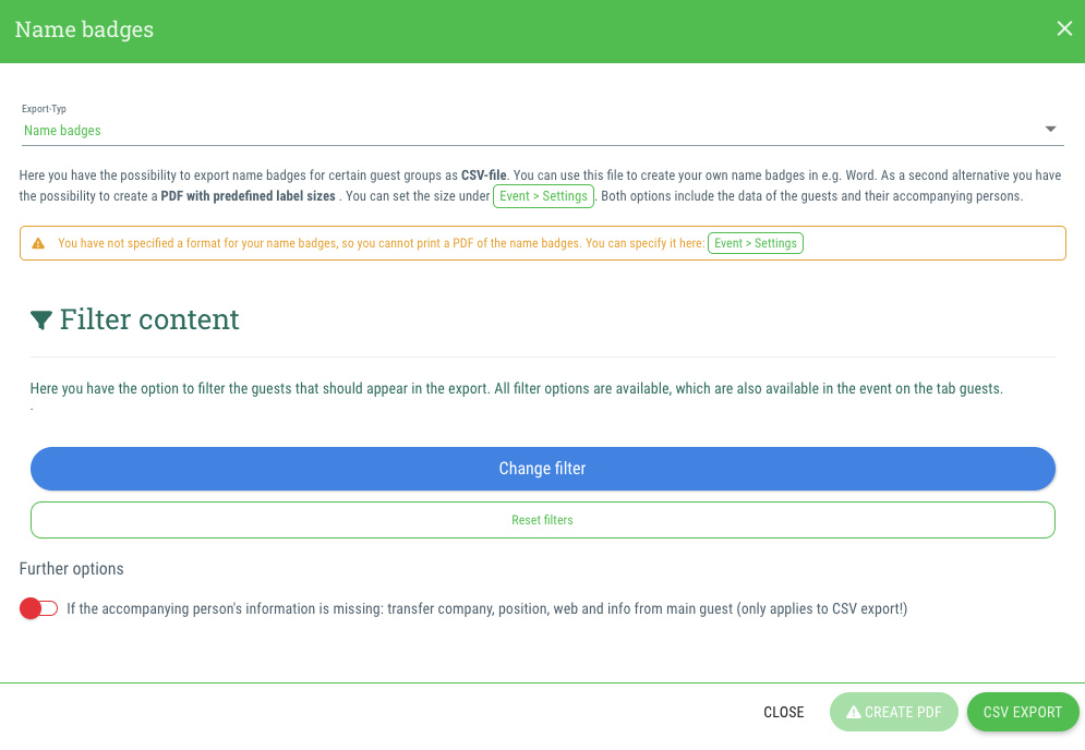 Export name badges as a CSV or PDF file - 