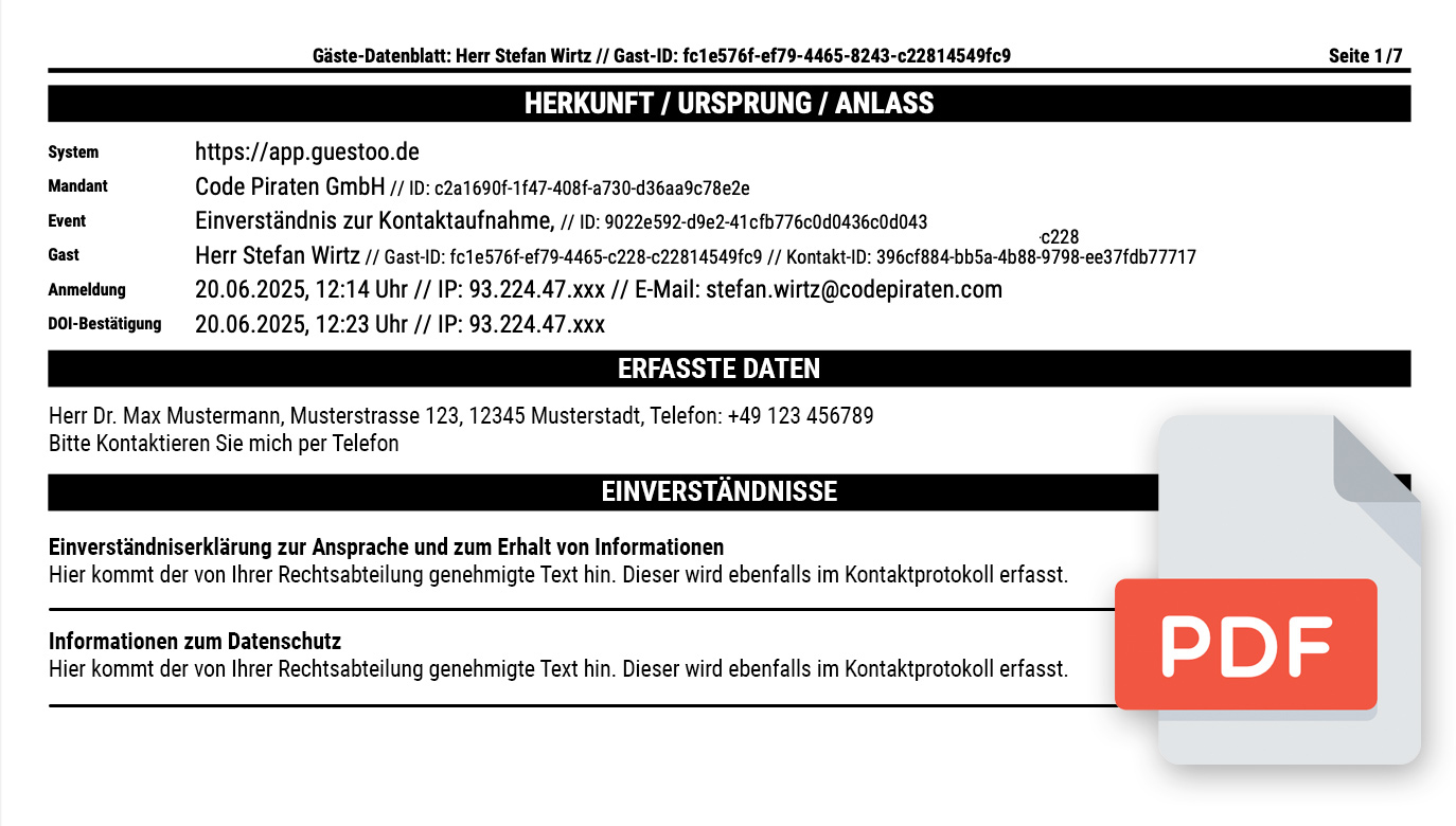 PDF export for contact documentation • Clean record keeping