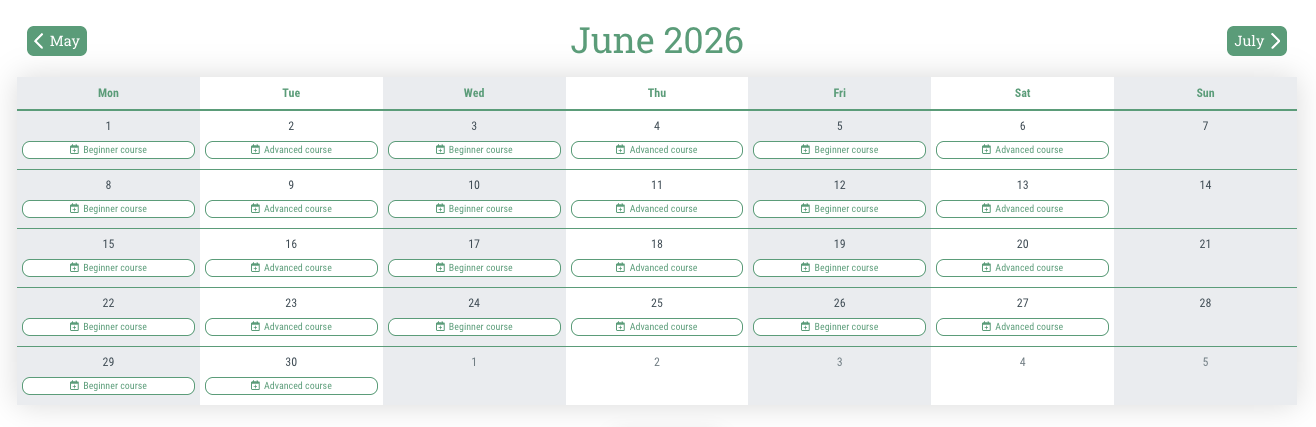 Organize regularly scheduled courses clearly • incl. calendar/schedule