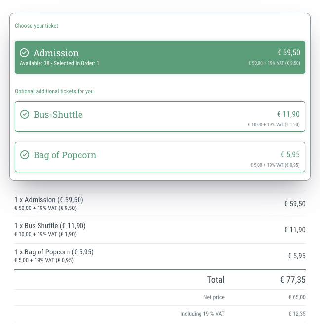 Multiple tickets per guest • e.g. for bus, parking, or VIP tickets