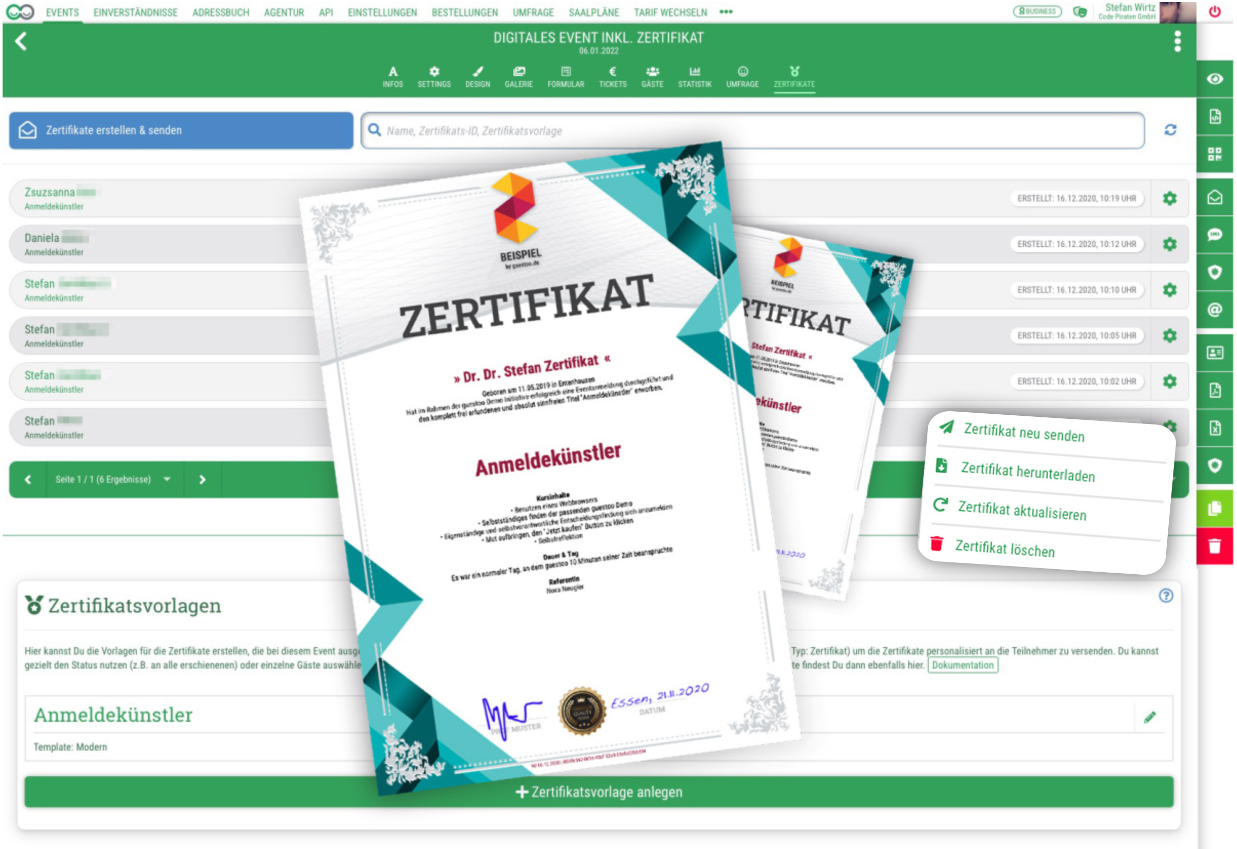 Customized participant certificates • Certificates as proof of participation