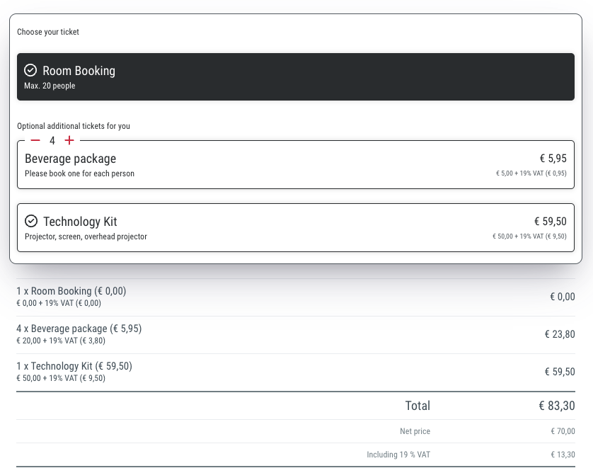 Additional bookable options • Projectors, specific table arrangements, etc.